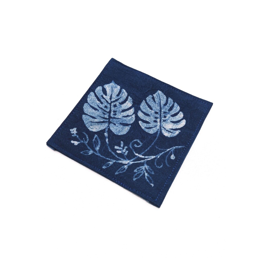 Handmade Indigo Batik Monstera Coaster | Natural Indigo Cotton Tea Decor